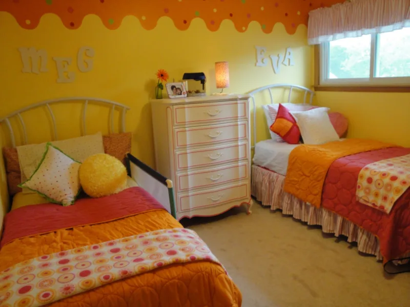 Two years later, my two daughters (2 and 4 years old) share the room. All of the furniture still fits with some rearranging. The reversible bedspreads allow each girl to have a different color