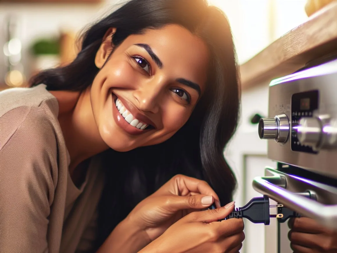 A woman connecting a power cord to a new kitchen appliance.