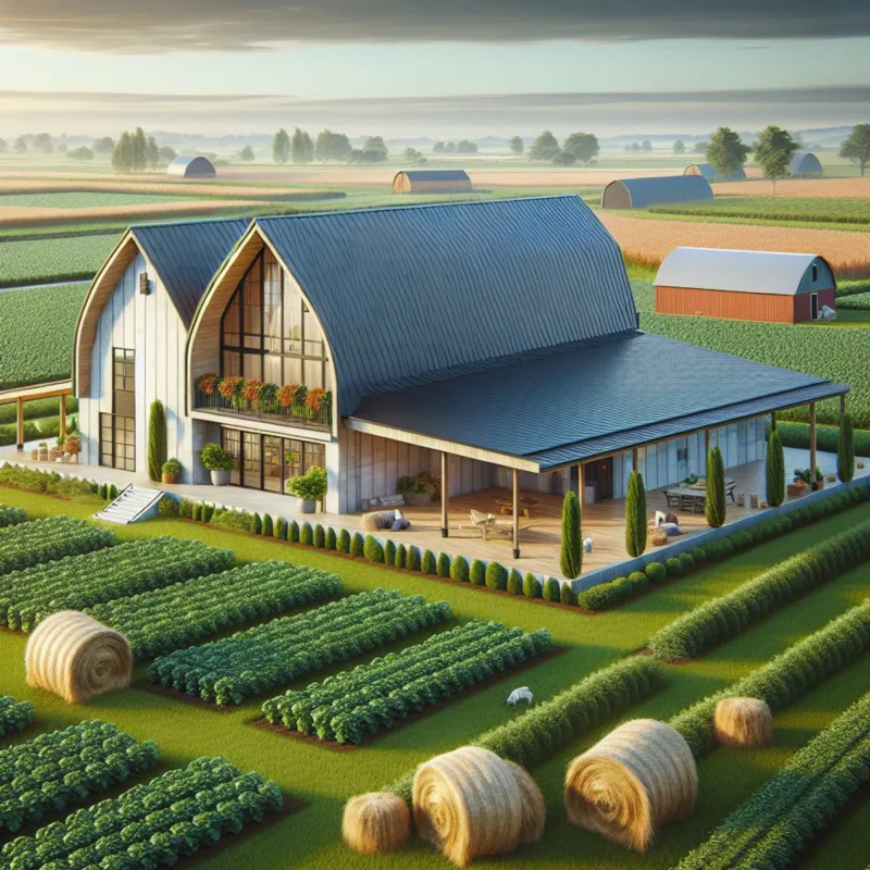 A modern barndominium in the midst of a scenic farmland with a blue sky overhead. A modern barndominium in the midst of a scenic farmland with a blue sky overhead.