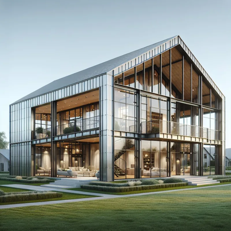 Modern steel-framed barndominium with minimalist design and large glass windows.