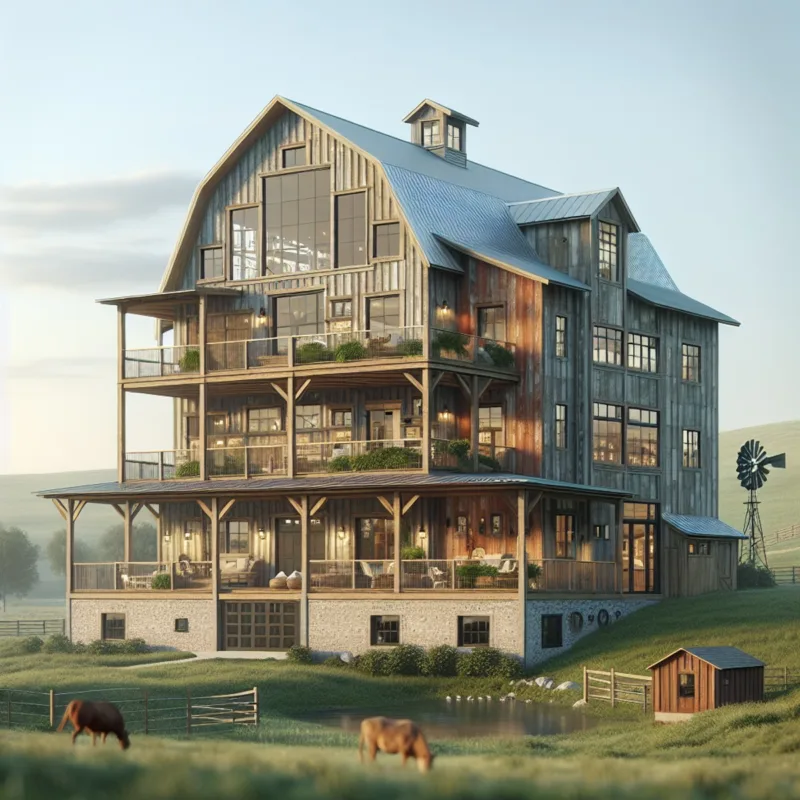 A barndominium retreat nestled in serene countryside, featuring weathered wood finish, large glass windows, and a welcoming front porch. Lush landscape with rolling hills, clear blue sky, and rustic elements like a windmill or a well. A barndominium retreat nestled in serene countryside, featuring weathered wood finish, large glass windows, and a welcoming front porch. Lush landscape with rolling hills, clear blue sky, and rustic elements like a windmill or a well.