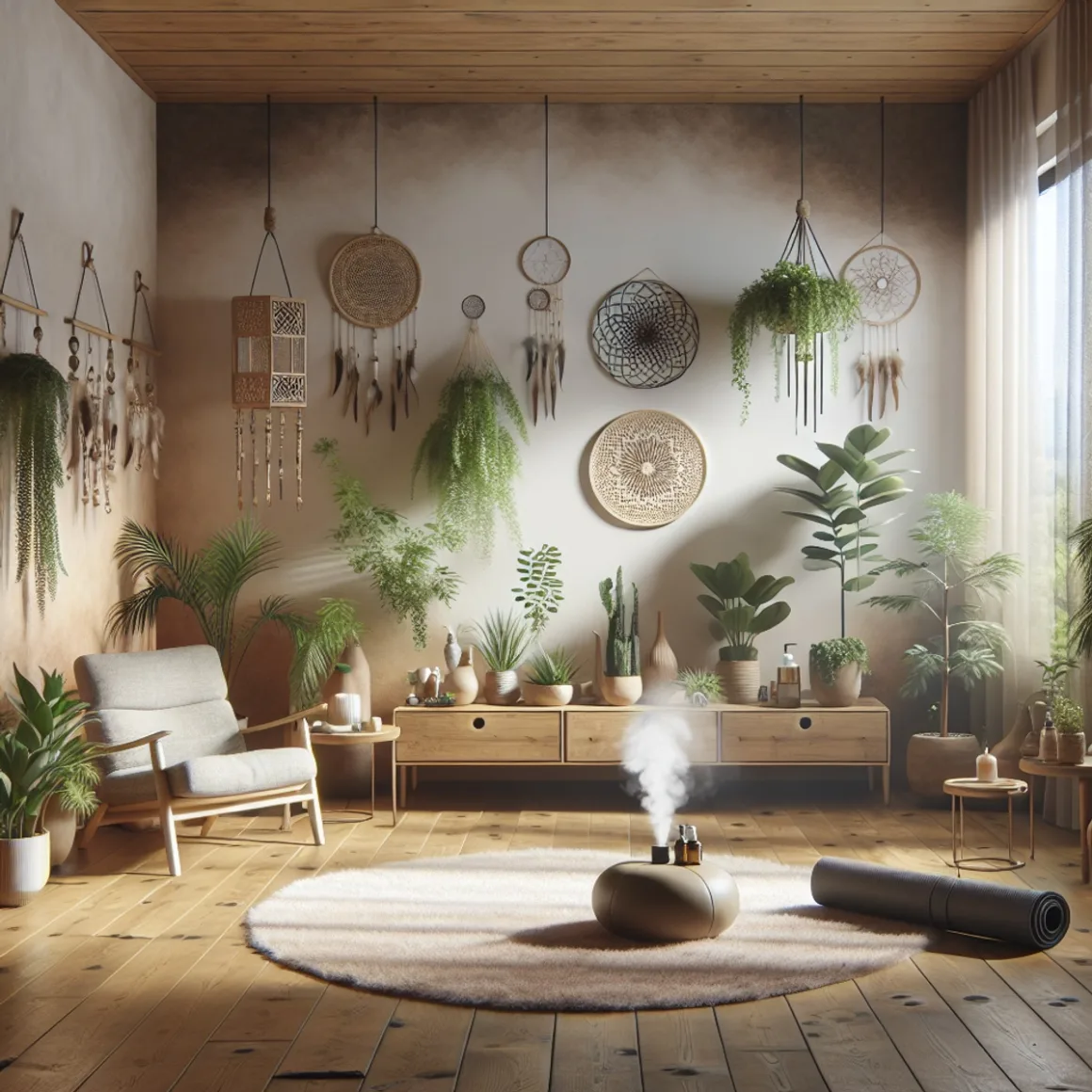 A room with indoor plants, natural wood furniture, essential oil diffusers, dream catchers, and a yoga mat neatly rolled up.