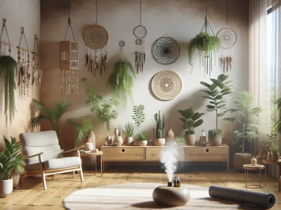 A room with indoor plants, natural wood furniture, essential oil diffusers, dream catchers, and a yoga mat neatly rolled up.