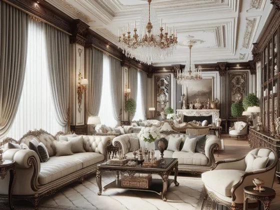 A sleek and modern Henredon Furniture showroom, with carefully arranged furniture pieces, exuding elegance and sophistication, realistic style.