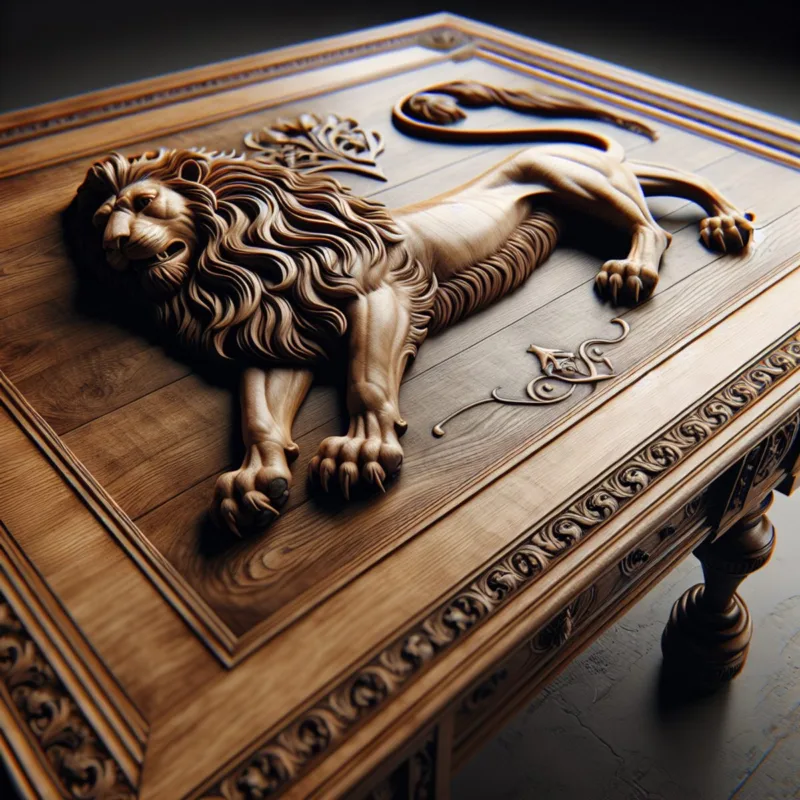 Majestic lion emblem on oak table