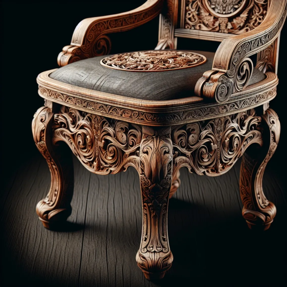 Vintage wooden chair with intricate carvings and rich patina.