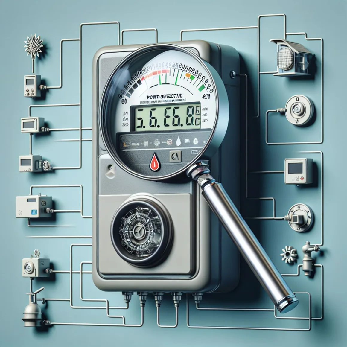 A digital energy meter with a magnifying glass on top, is connected to various appliances through graphical symbols.