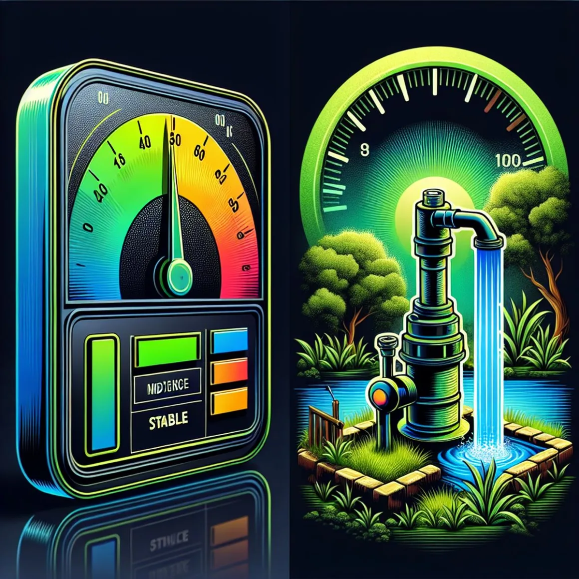 A digital voltage meter with a steady green light and a borewell pump gushing water.