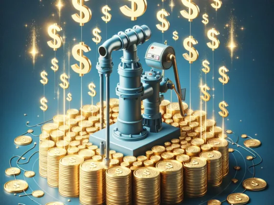 An electricity-consuming borewell pump surrounded by golden dollar symbols with electricity sparkles.