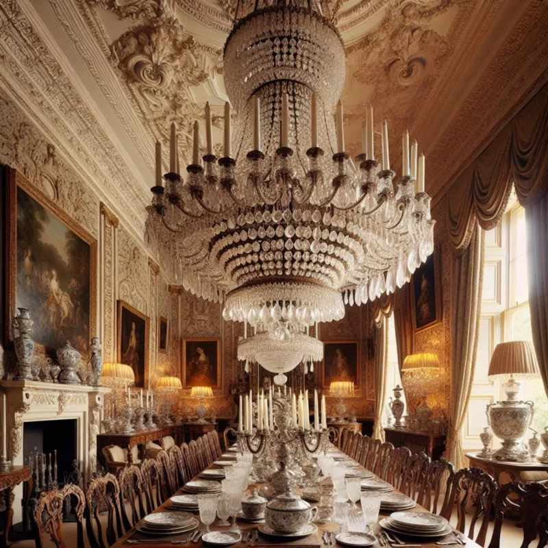 An ornate crystal chandelier casting warm light over an elegant dining room.