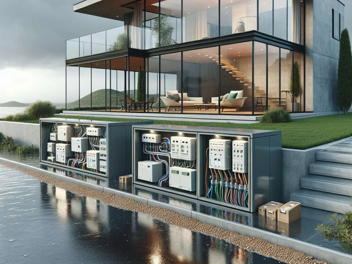 Modern house with elevated electrical components to protect from flooding. Glass and concrete architecture with weather-proofing, set in a vulnerable landscape under an overcast sky.