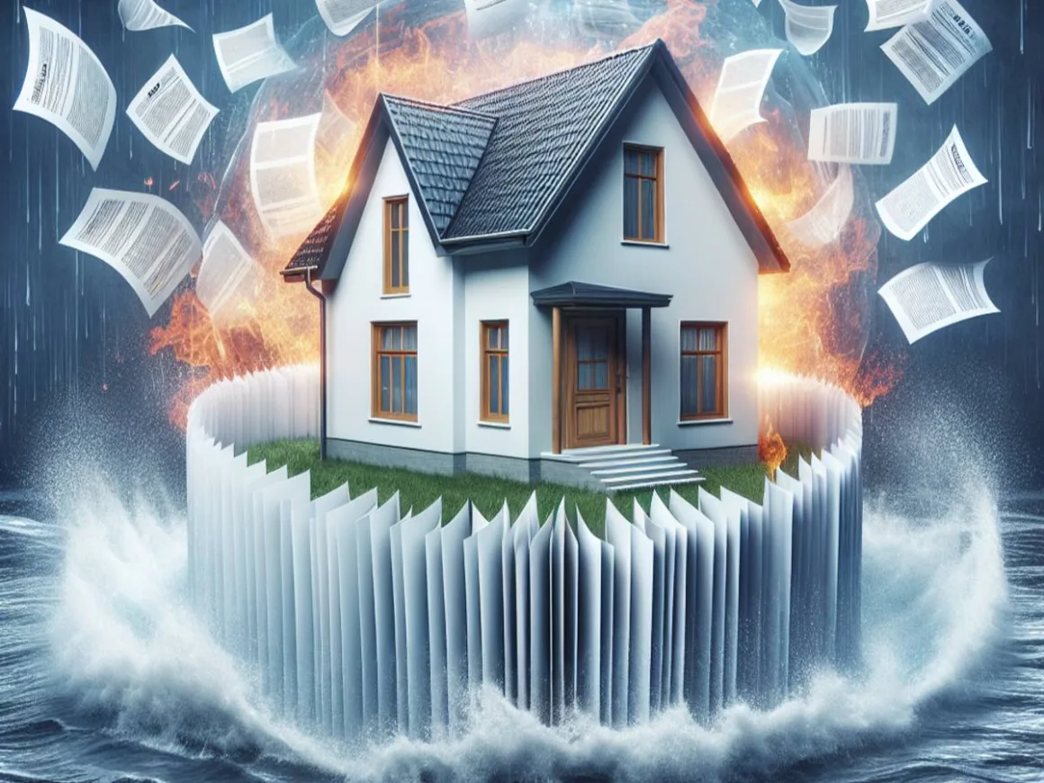 A sturdy house surrounded by swirling documents symbolizing flood insurance protection.