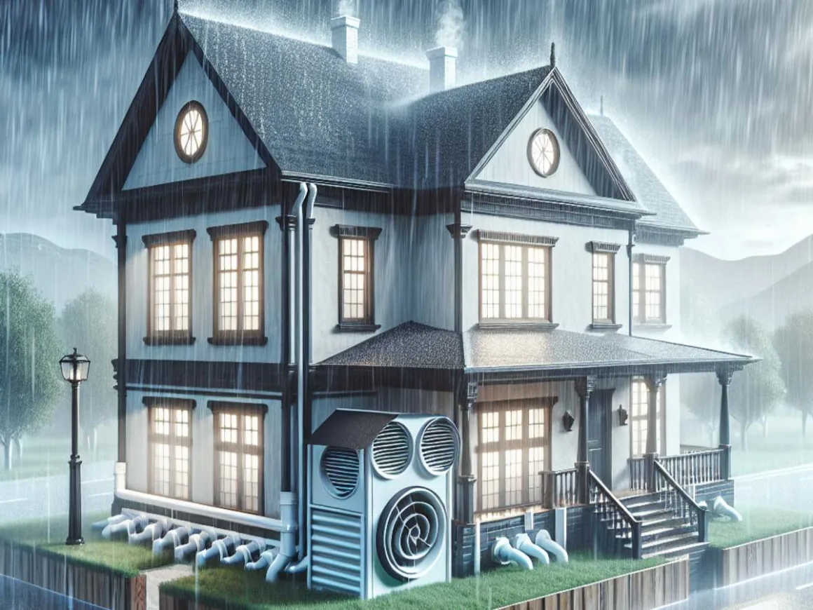 A representative house with flood vents installed as a part of its structure in a light rainstorm.