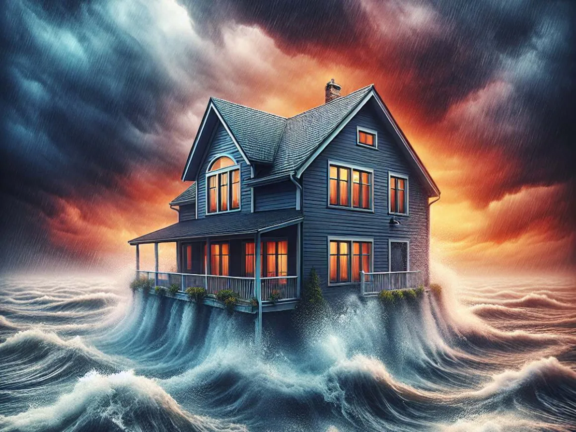 Resilient house standing tall in turbulent floodwaters.