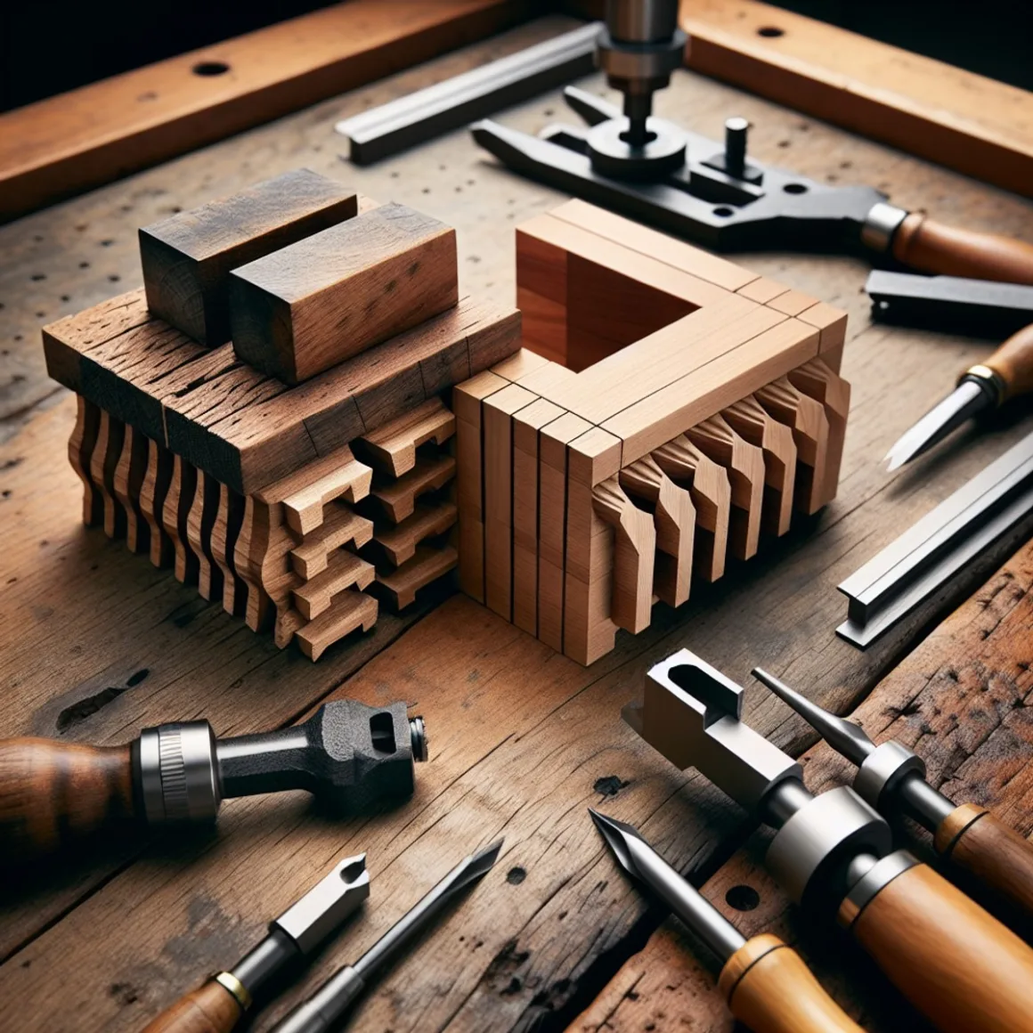 Traditional hand-crafted dovetail joint next to precision-cut machine-made dovetail joint on a wooden workbench.