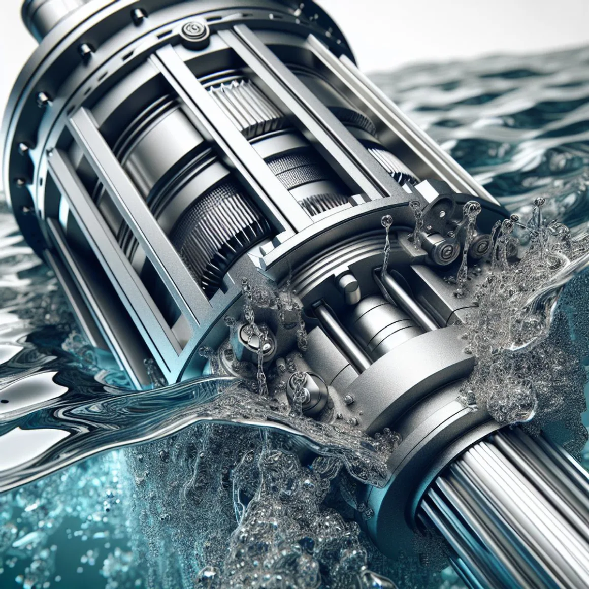 A close-up of a modern submersible well pump in operation, with clear water flowing through it.