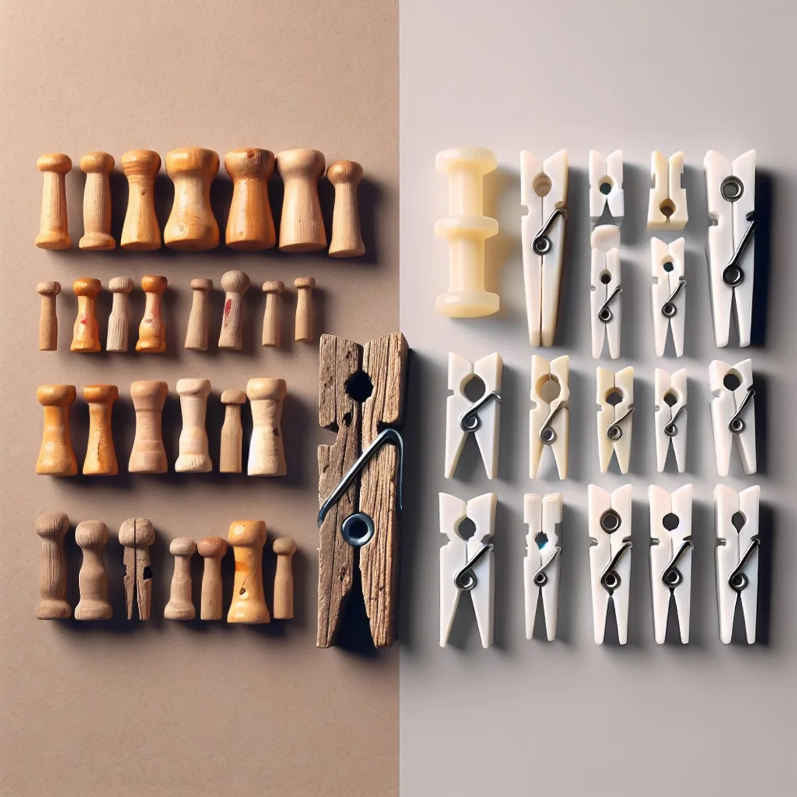 A handcrafted wooden peg with marks and irregularities next to a machine-produced plastic peg, representing the contrast between human touch and mass production.
