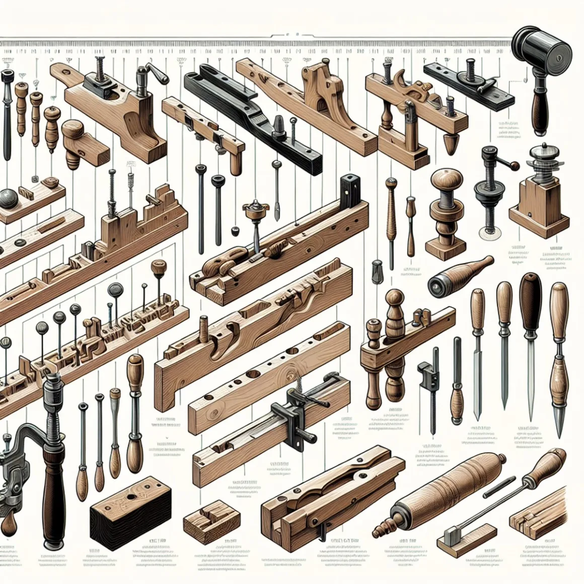 A timeline showcasing the evolution of woodworking tools and joint styles, from early to contemporary designs, with detailed and symbolic representations of each tool and joint.
