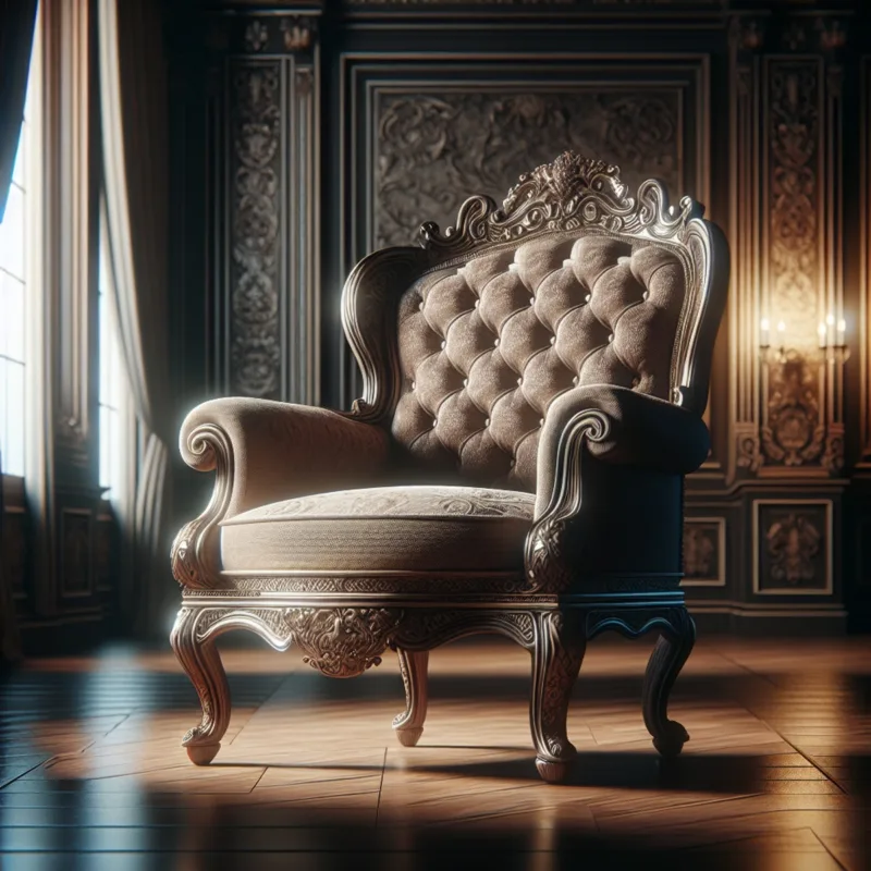 Luxurious, plush upholstered chair with ornate carvings in an opulent setting.