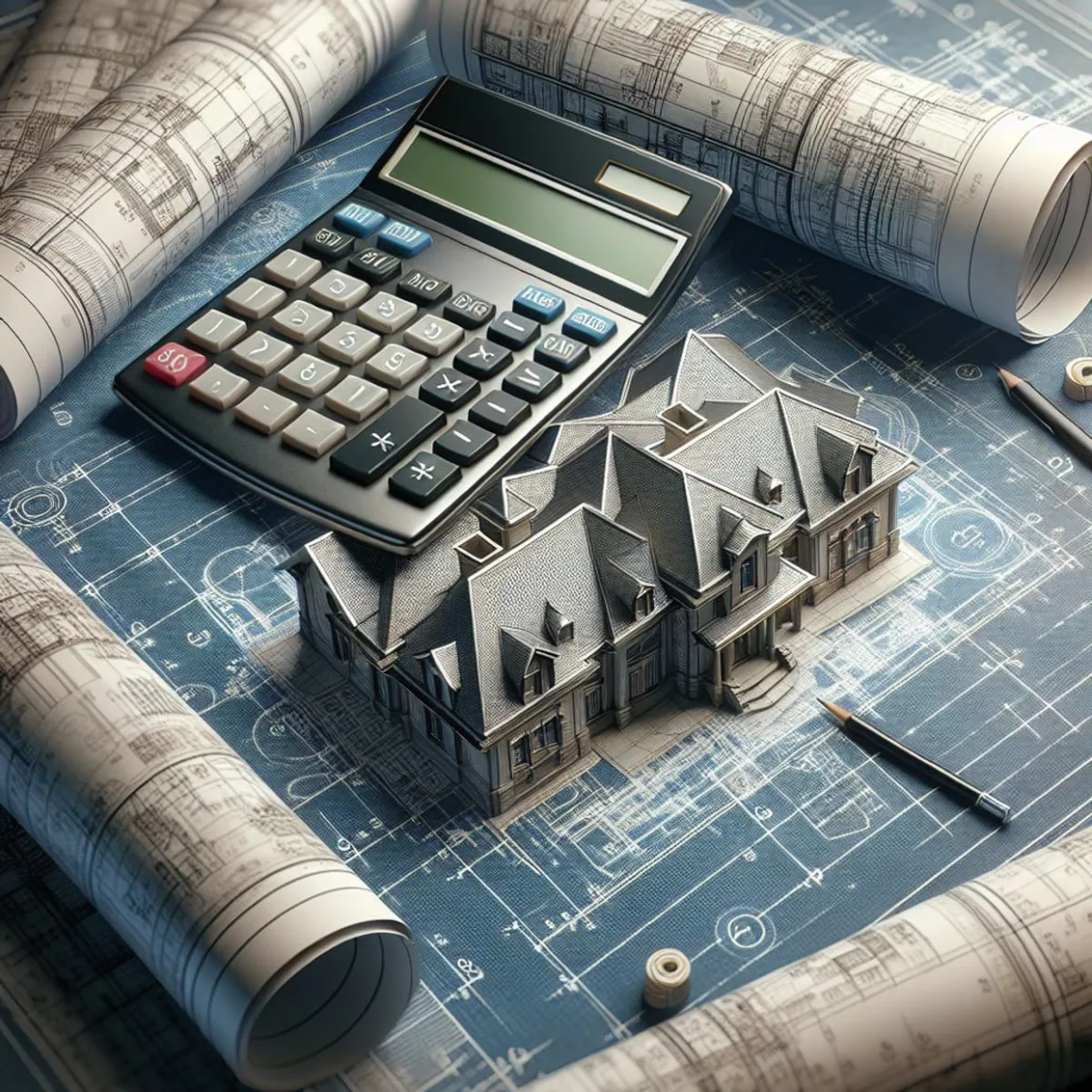 Architectural blueprint with calculator on top.