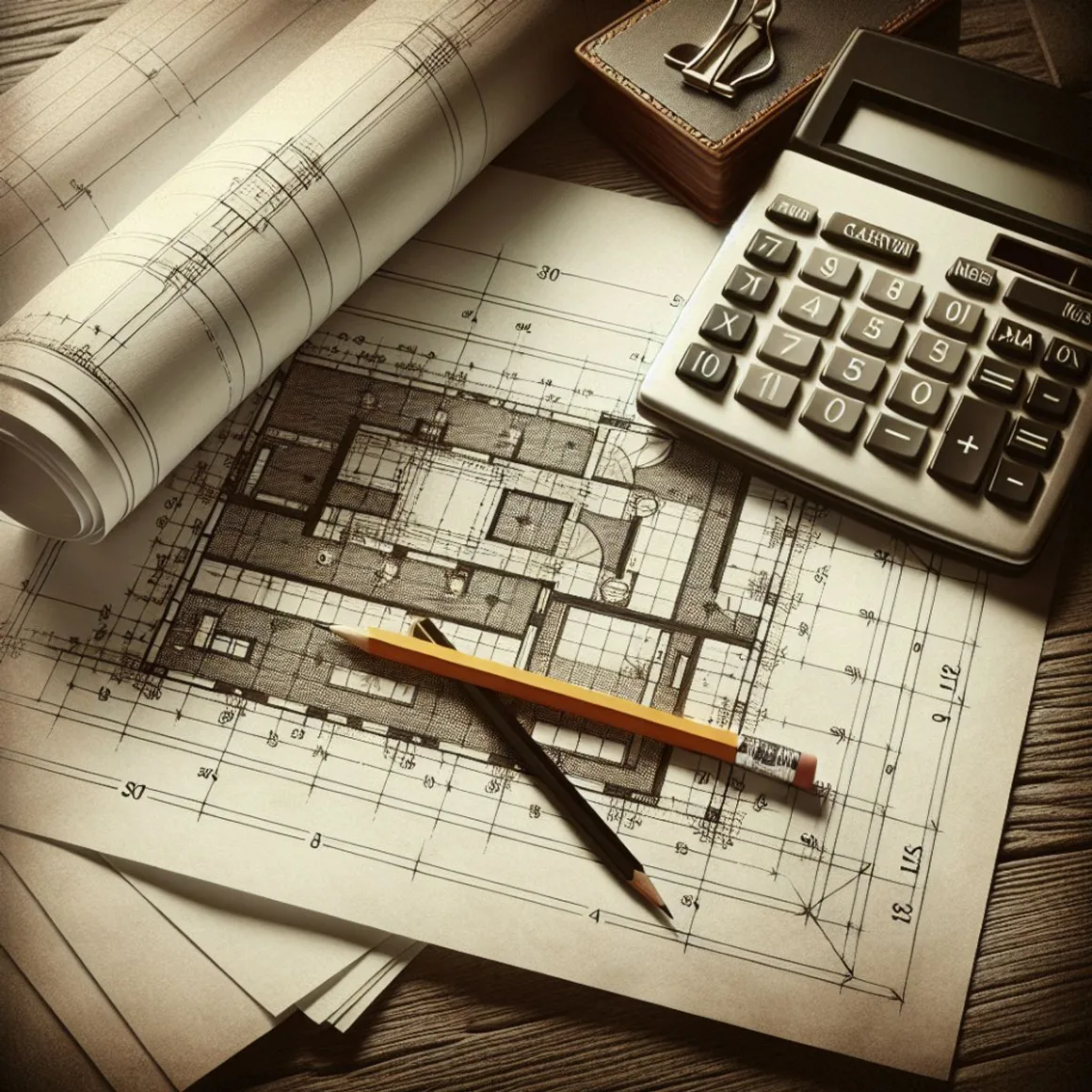 Blueprint, pencil, and calculator on a table.