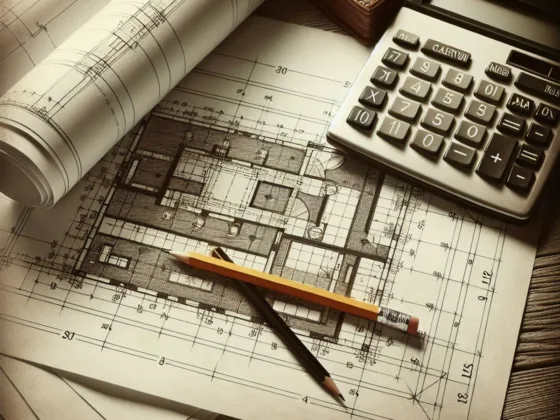 Blueprint, pencil, and calculator on a table.