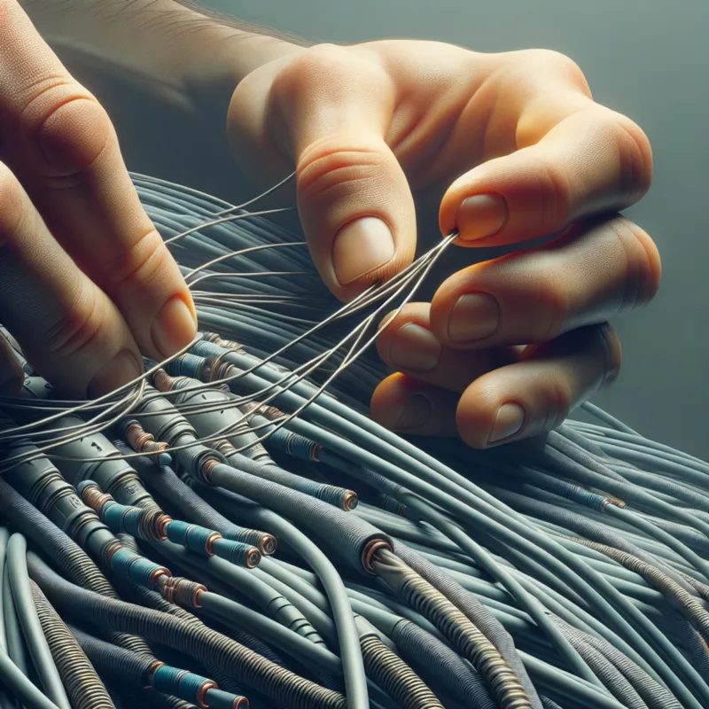 Hands threading wires through a conduit.