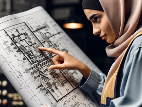 A female construction worker analyzing an electrical blueprint with a focused expression.