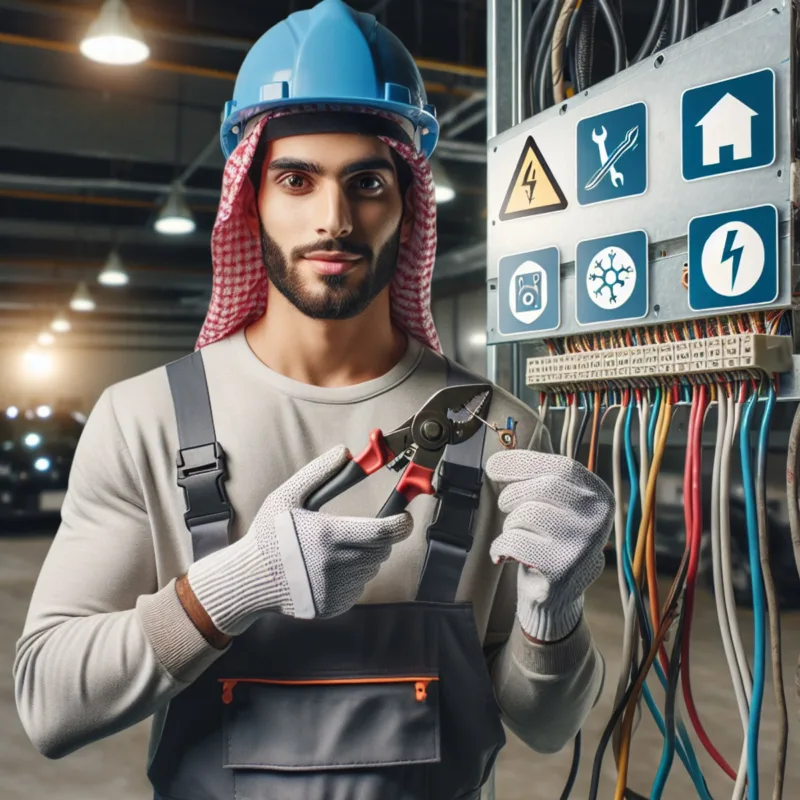 A Middle Eastern male electrician wearing safety gear and confidently holding electrical tools while working on the wiring setup within a brightly lit garage.