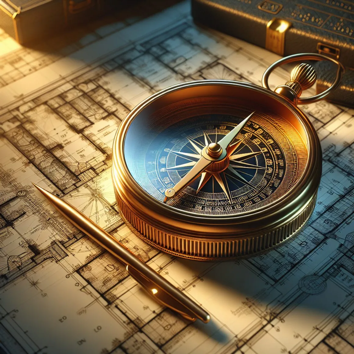 A golden compass resting on a blueprint, symbolizes careful planning and strategic guidance.