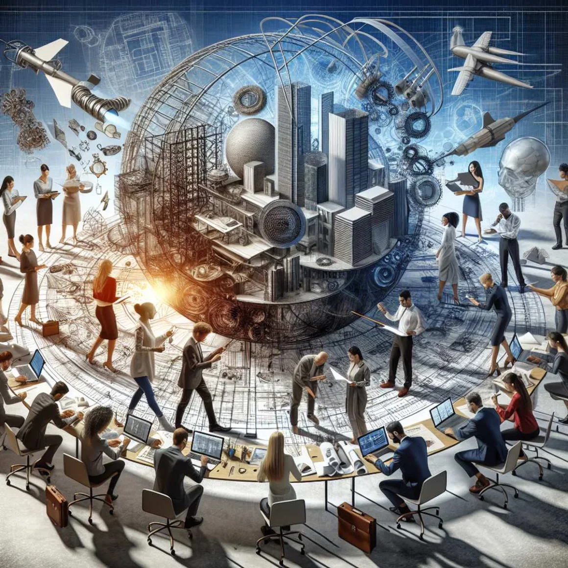 A diverse group of architects and engineers collaborating on innovative architectural designs using traditional and modern tools.
