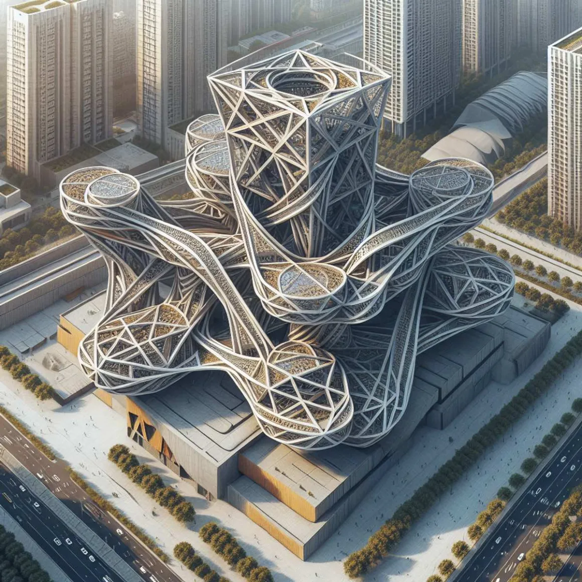 Aerial view of a futuristic, interconnected architectural structure in a bustling cityscape.