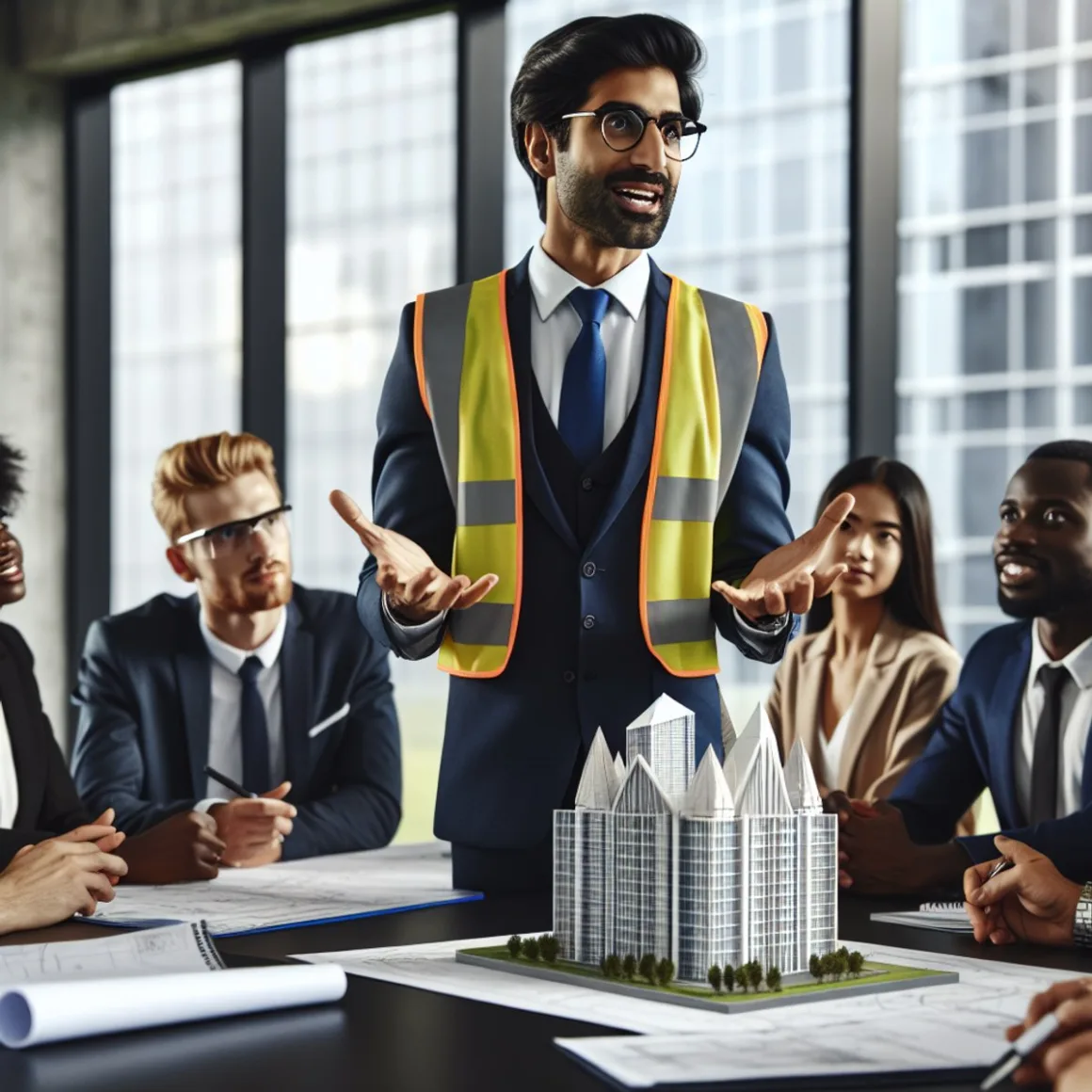 A structural engineer leads a discussion on architectural innovation, gesturing towards a 3D building model on the table. A diverse group of professionals - a Caucasian architect, a project manager, and a Black woman city planner - show interest and engagement in the background.