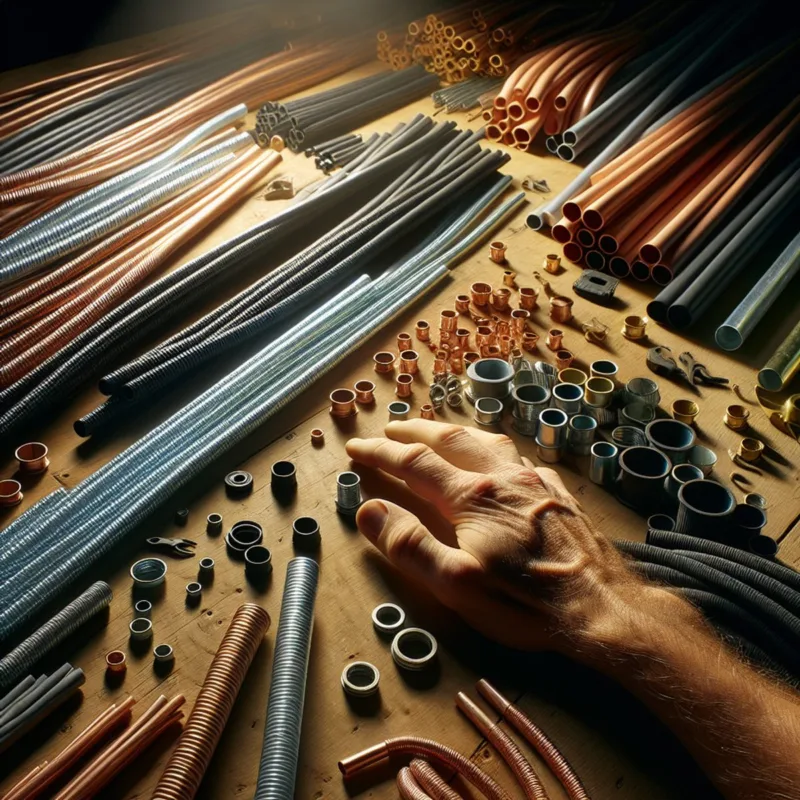 A close-up image of various conduit materials spread across a wooden table, with a Caucasian hand reaching out to choose a piece for a garage wiring project. Materials include copper, steel, and plastic, with a desk lamp casting long shadows on the workspace.