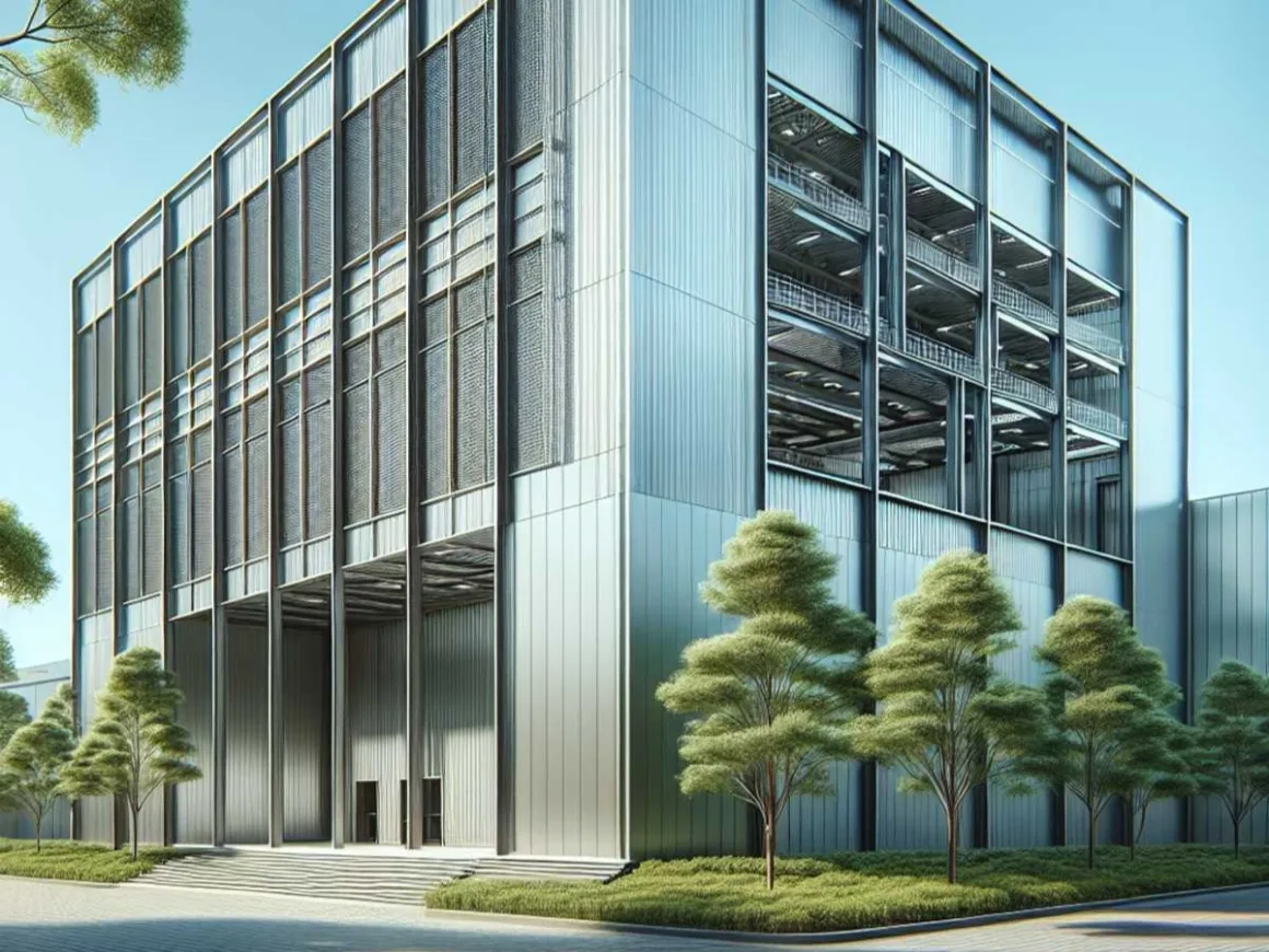 Modern metal building against clear blue skies with green trees.