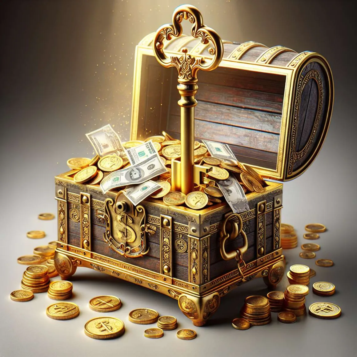 A golden key unlocking a treasure chest filled with coins and banknotes.