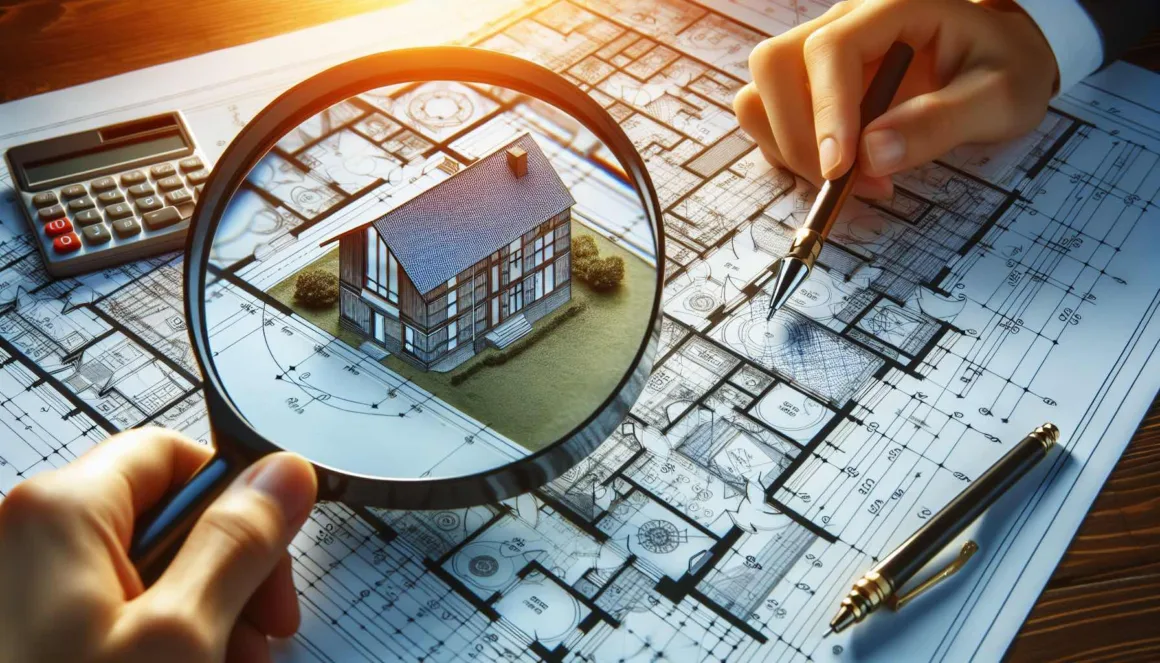 A blueprint for a home renovation is being examined closely with a magnifying glass.