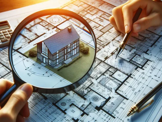 A blueprint for a home renovation is being examined closely with a magnifying glass.