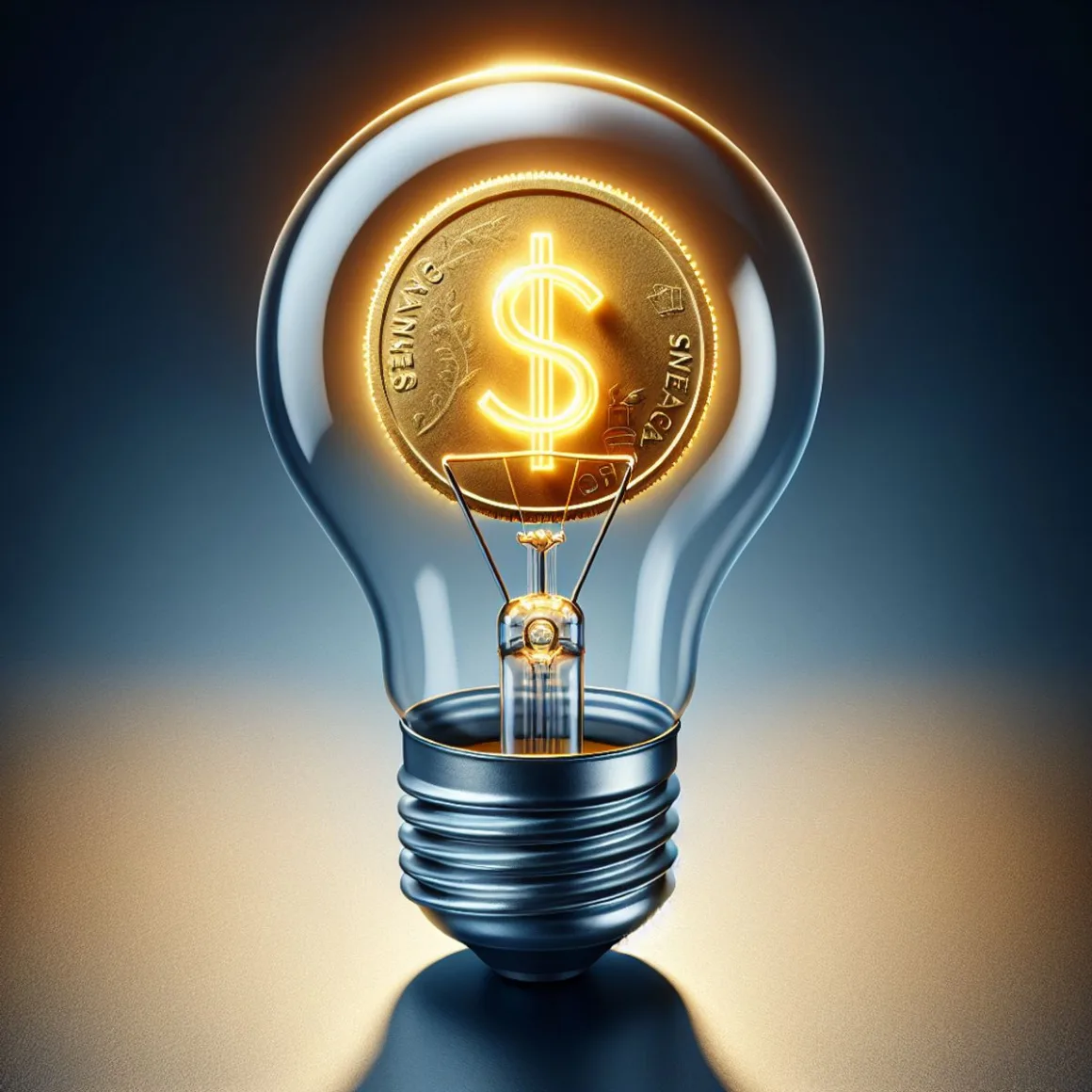 A luminous lightbulb with a gold coin inside, casts a shadow resembling a metal building.