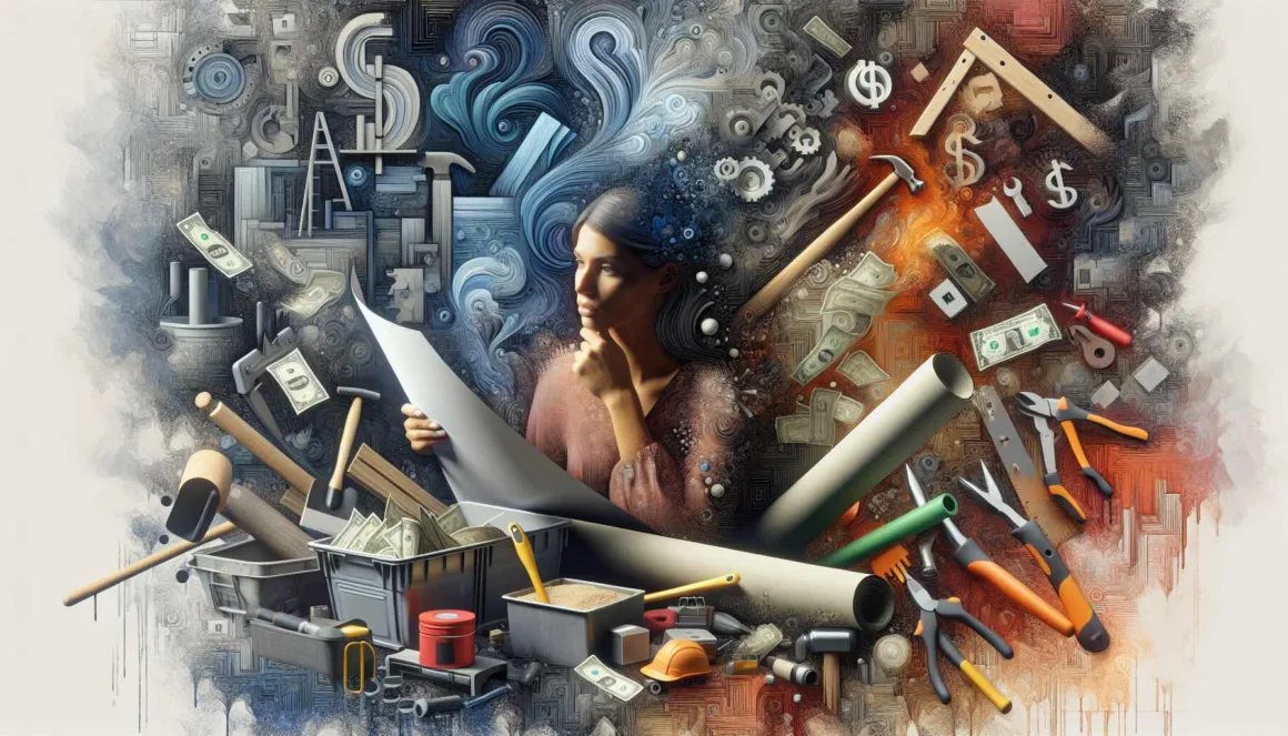 A person holding a blueprint, surrounded by various tools and materials, capturing the financial challenges of embarking on a home renovation journey.