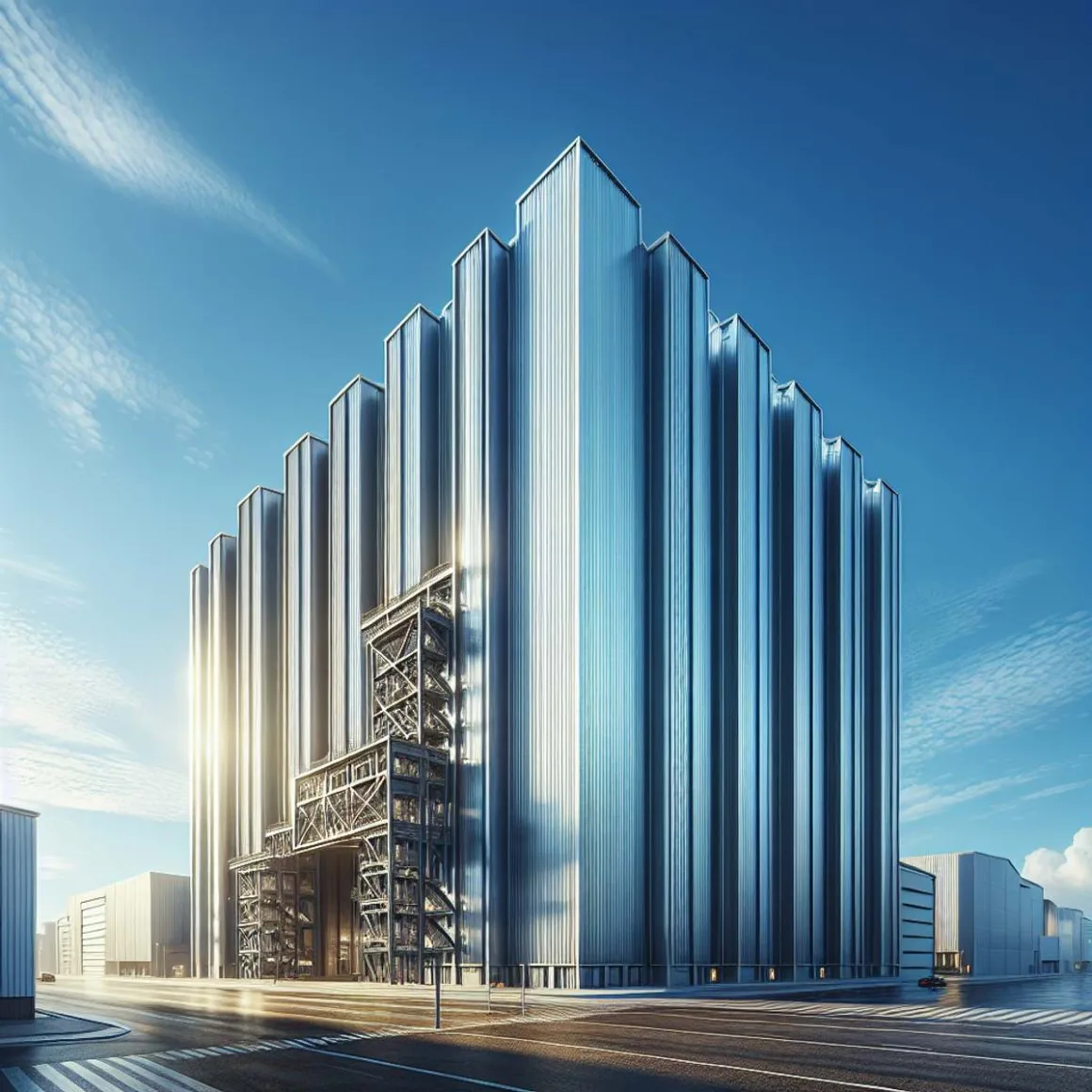 A tall, imposing metal building against a clear, vivid blue sky.