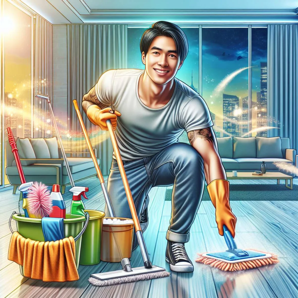 A man smiling while cleaning his apartment with various household cleaning tools.