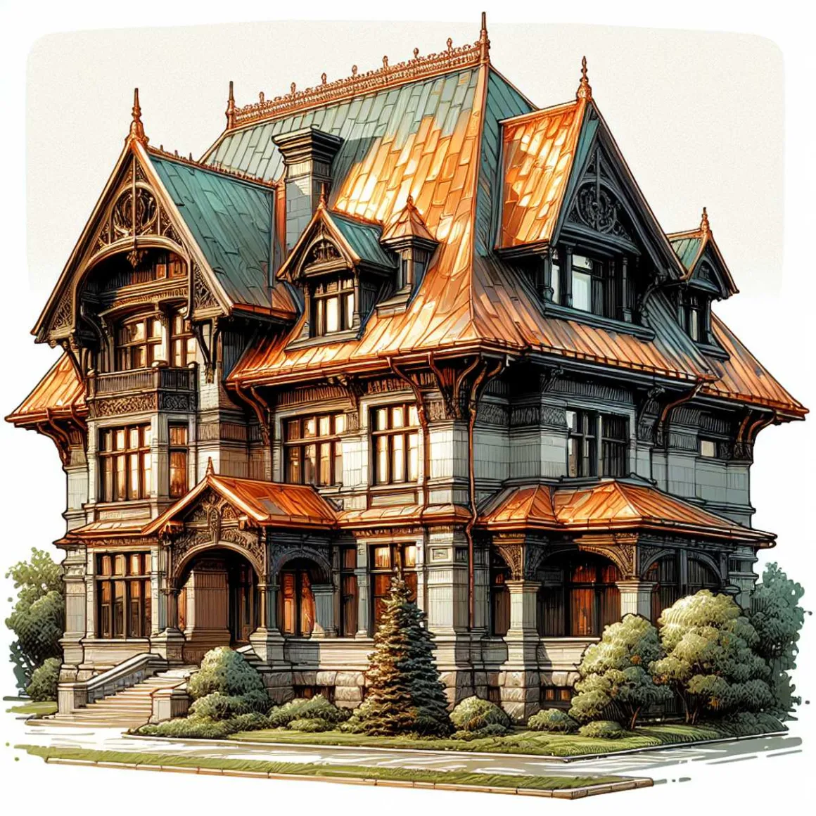 A photo of a stylish building with a gracefully copper roof glistening in the sunlight.