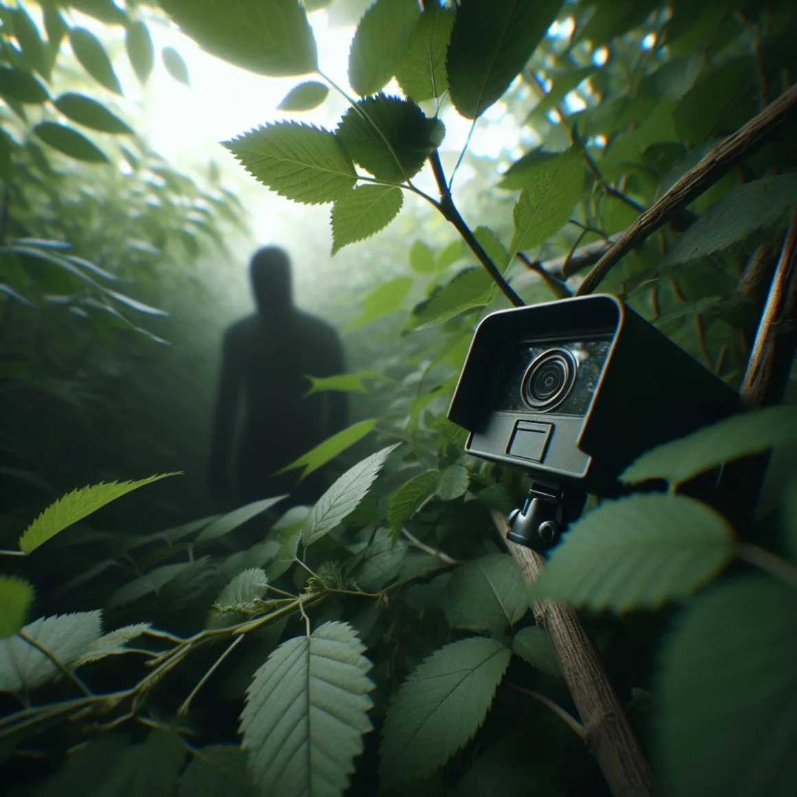 A hidden trail cam in the wilderness captures a blurred, anonymous silhouette approaching amidst lush foliage.