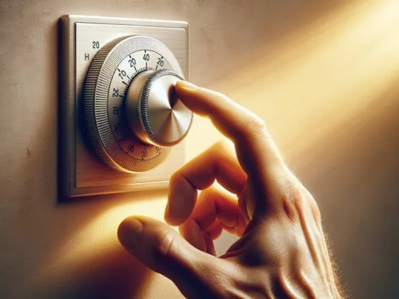 A hand adjusting a metallic thermostat dial on a wall.