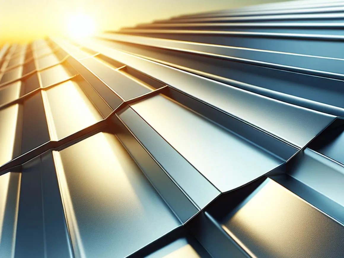 A sleek, modern aluminum roof gleaming under bright sunlight.