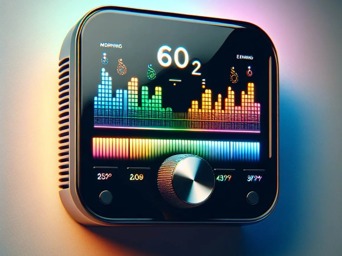 A sleek, modern thermostat with a vibrant display representing different temperature settings throughout the day using abstract symbols and color gradients.