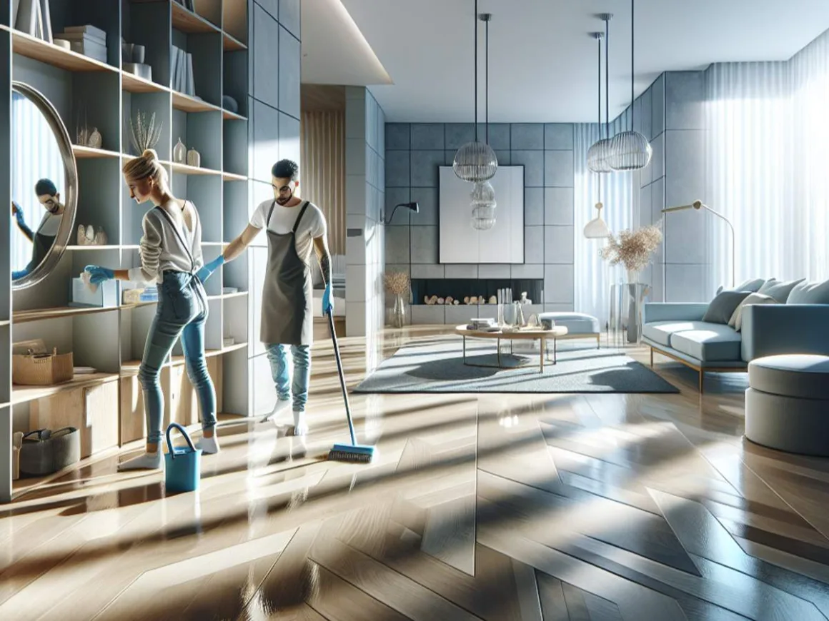A woman dusting shelves and a man polishing hardwood floors in a pristine living space.