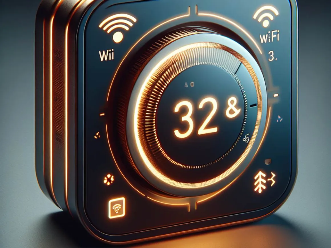 A close-up image of a smart thermostat with a warm, welcoming glow and subtle Wi-Fi and IR signal icons.
