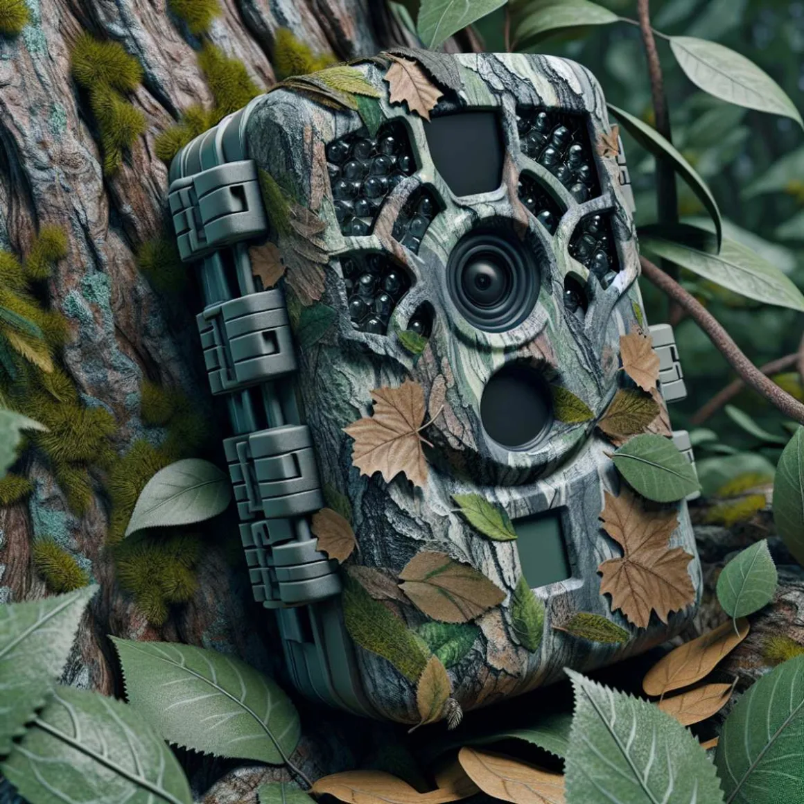 A trail camera cleverly concealed in natural environment.